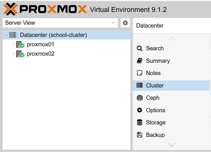 Proxmox VE Datacenter view showing school-cluster with proxmox01 and proxmox02 joined