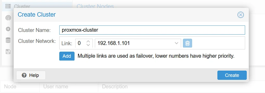 Create Cluster dialog with Cluster Name field and Cluster Network link