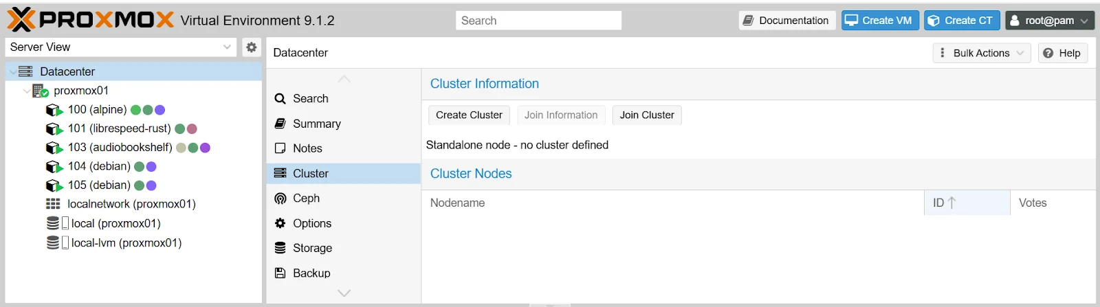 Proxmox Datacenter Cluster page showing standalone node with Create Cluster and Join Cluster buttons