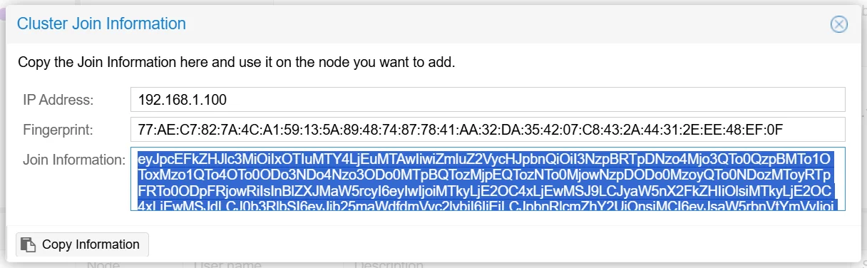 Cluster Join Information panel showing IP address, fingerprint, and join string