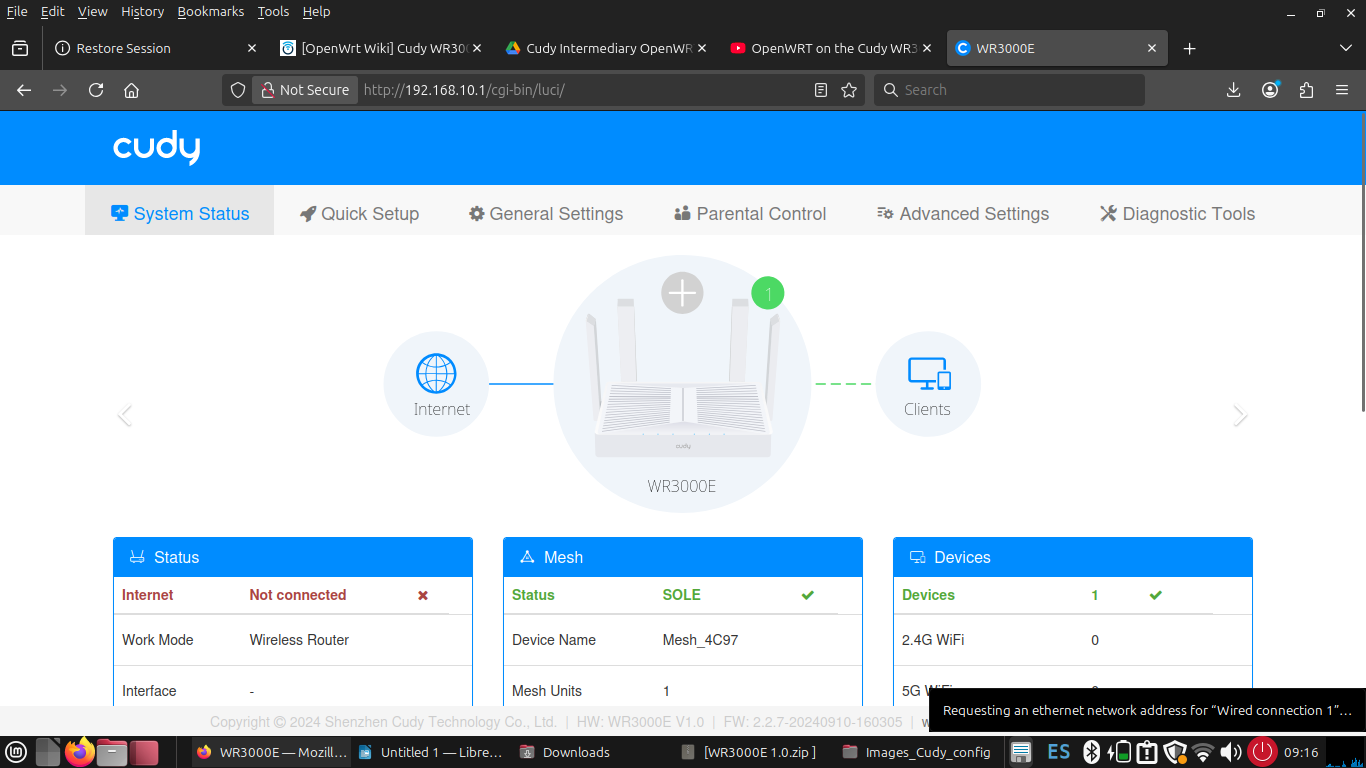 Cudy router dashboard after completing the setup wizard