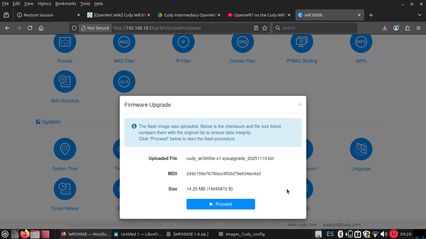 Cudy firmware update page showing the intermediate OpenWrt image ready to upload