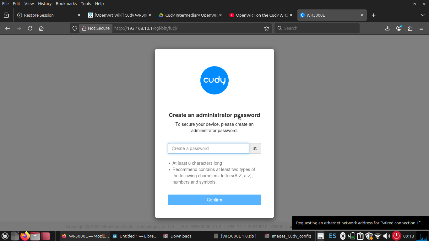 Cudy setup wizard password creation screen