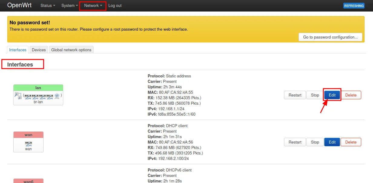 OpenWrt LuCI navigation to LAN interface settings