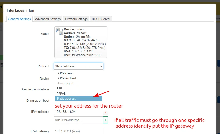 Configuring a static IP address in OpenWrt LuCI