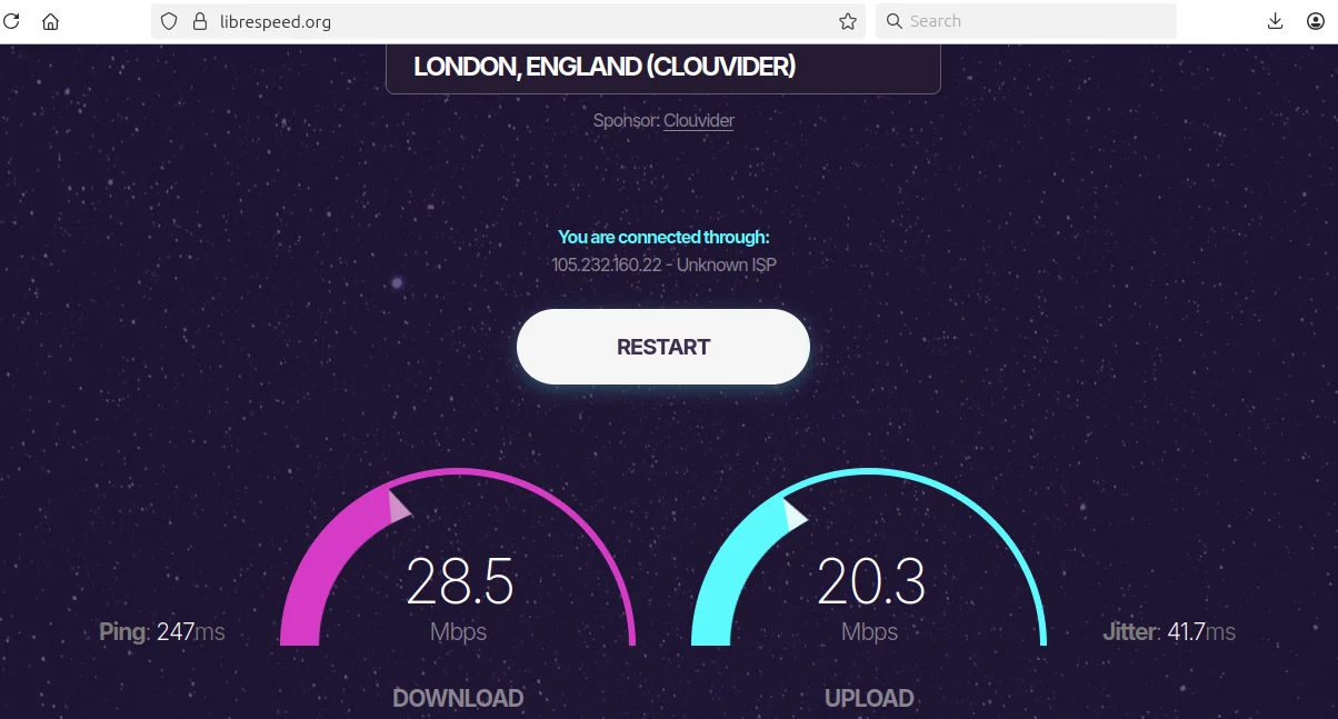 Speed test results showing download, upload, and ping