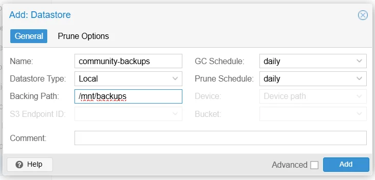 PBS datastore creation