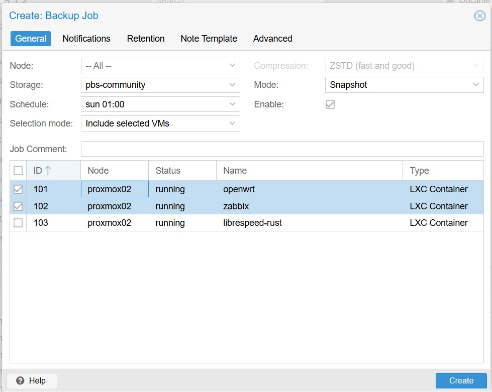 PVE backup job configuration
