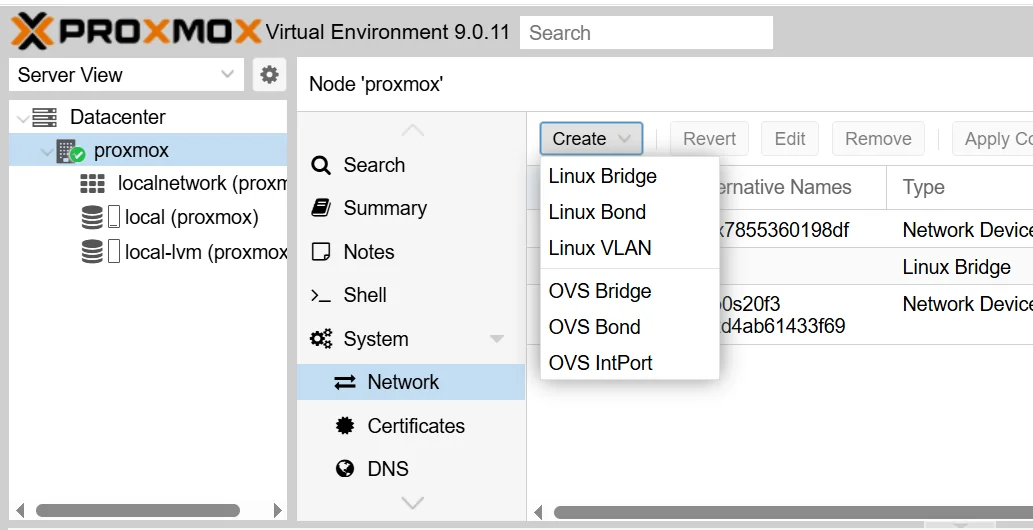 Proxmox network panel showing the Linux bridge creation dialog