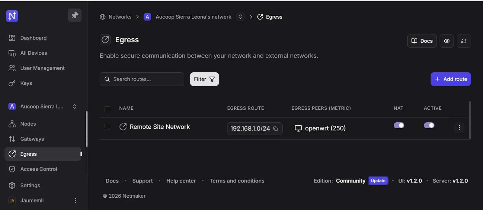 Netmaker Egress page showing the configured route through the OpenWrt gateway