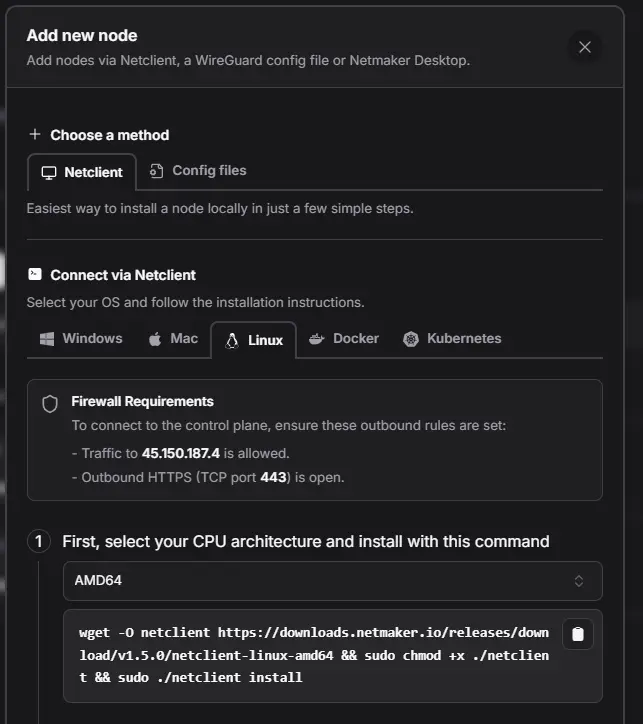 Netmaker dashboard showing the Netclient install command with version highlighted