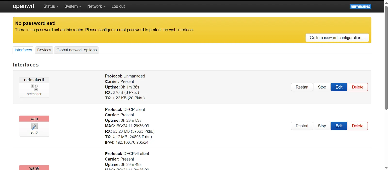 OpenWrt interfaces page showing the new netmakerif interface active