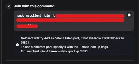 Netmaker dashboard showing the join token command