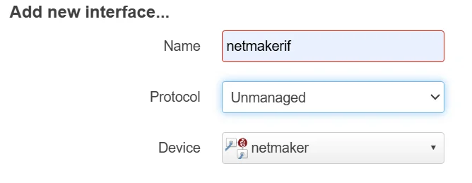 LuCI add new interface dialog with Netmaker settings