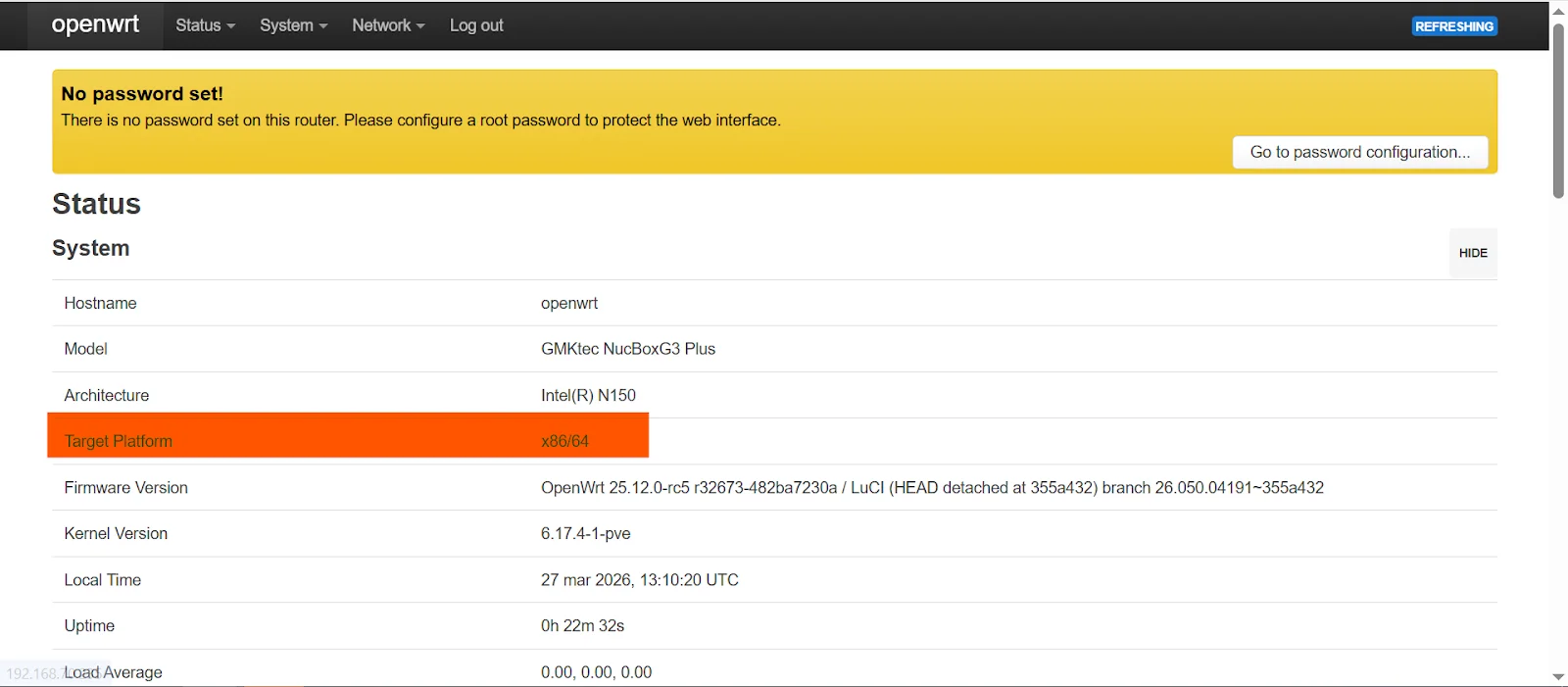 OpenWrt status page showing architecture and firmware version