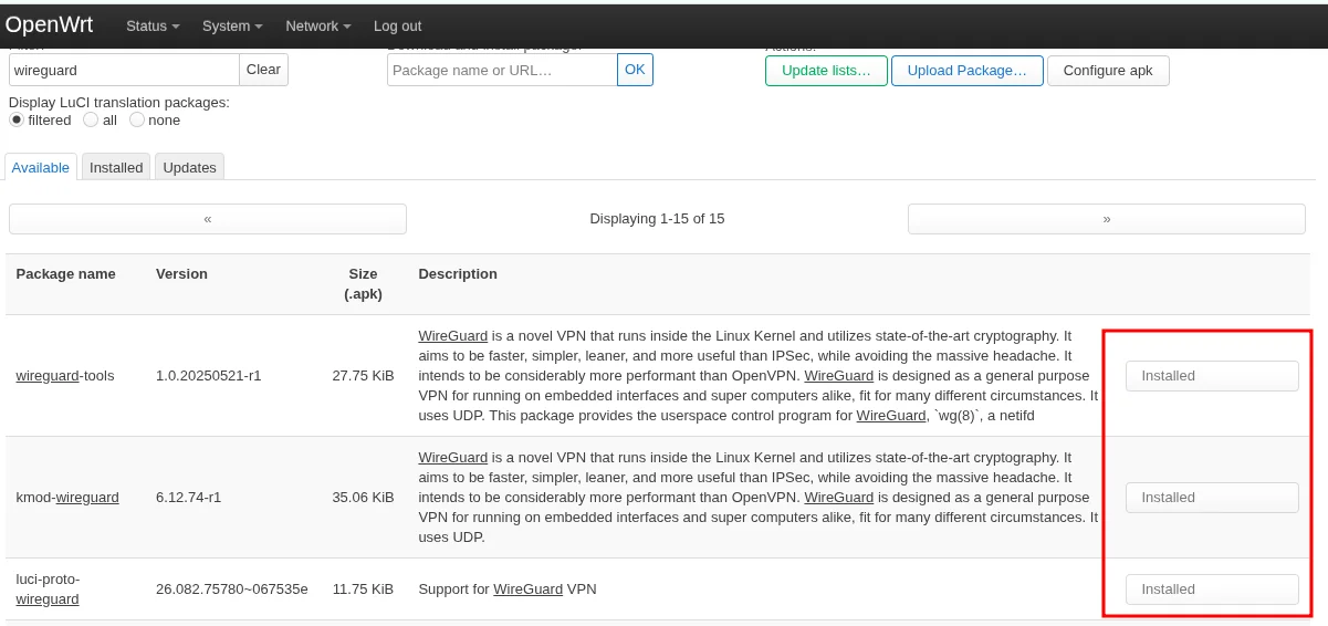 OpenWrt package manager showing WireGuard packages installed