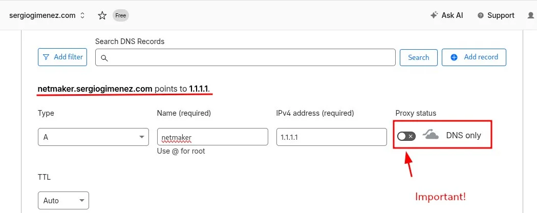 Cloudflare DNS panel showing the subdomain A record for Netmaker