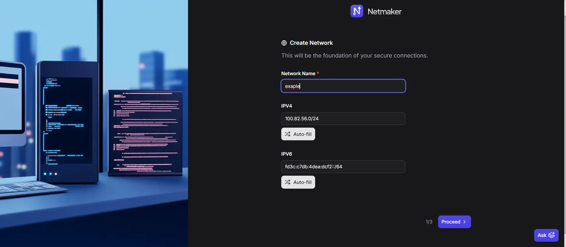 Netmaker dashboard showing the create network form with auto-filled values