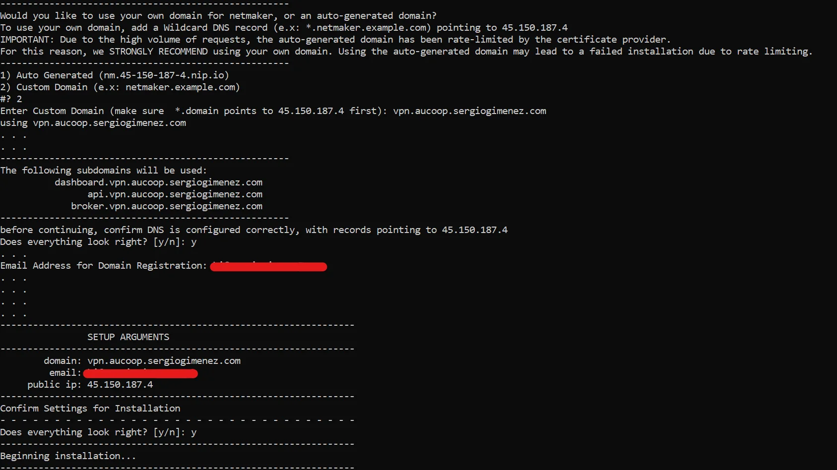 Netmaker installation script output showing the dashboard URL and credentials