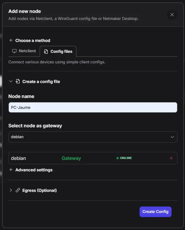 Netmaker Add Device dialog with the Config files tab selected