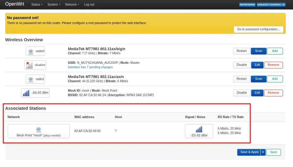 LuCI Wireless page showing the mesh peer listed under Associated Stations