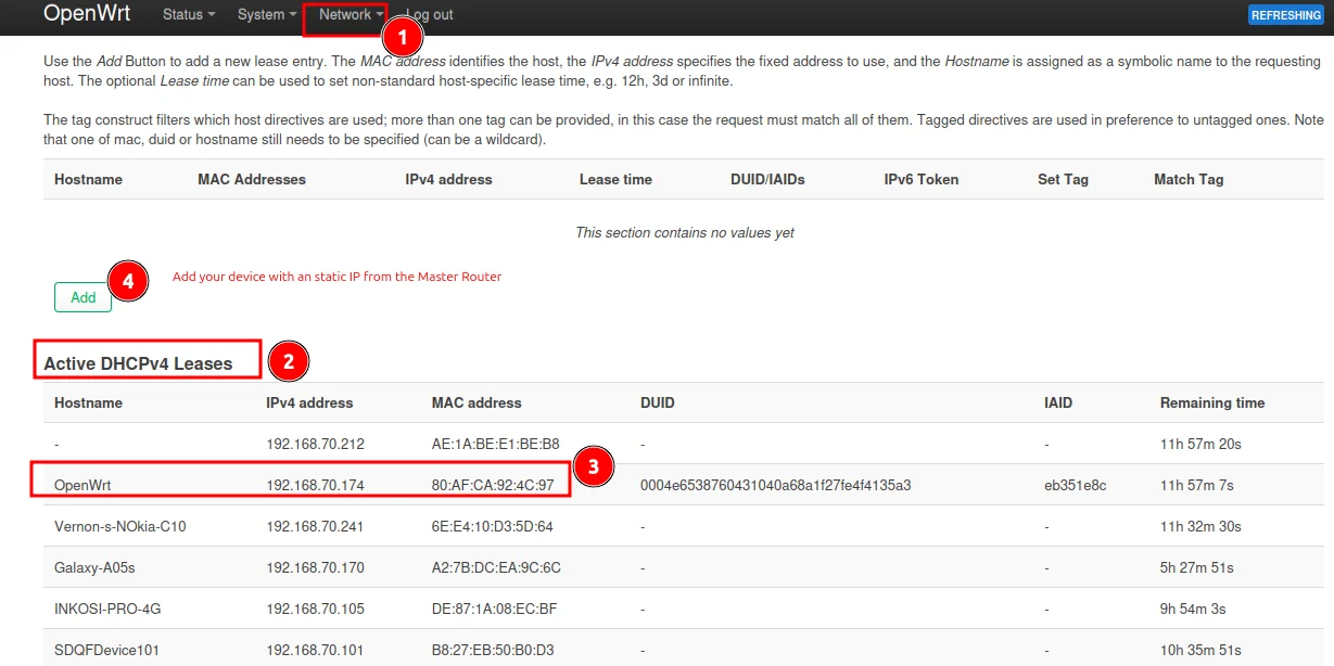 Active DHCP leases showing satellite's new IP