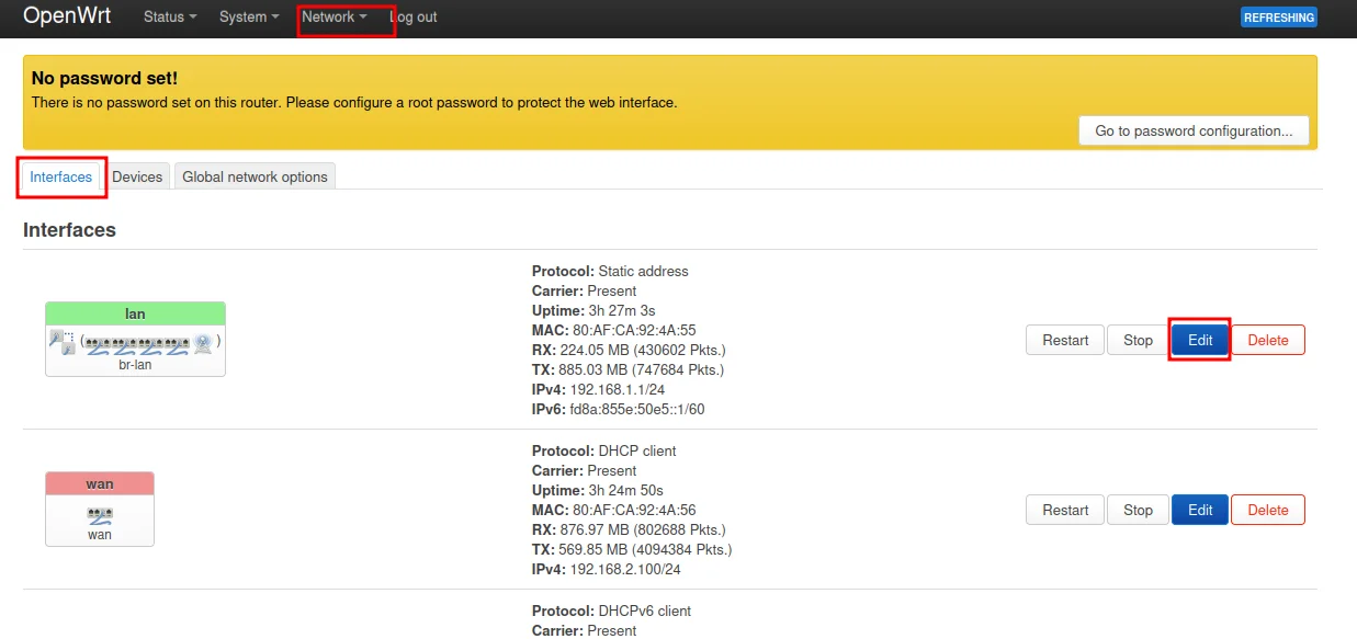 OpenWrt LuCI Interfaces page with LAN interface