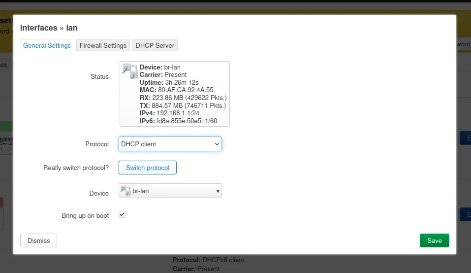 Setting LAN protocol to DHCP client
