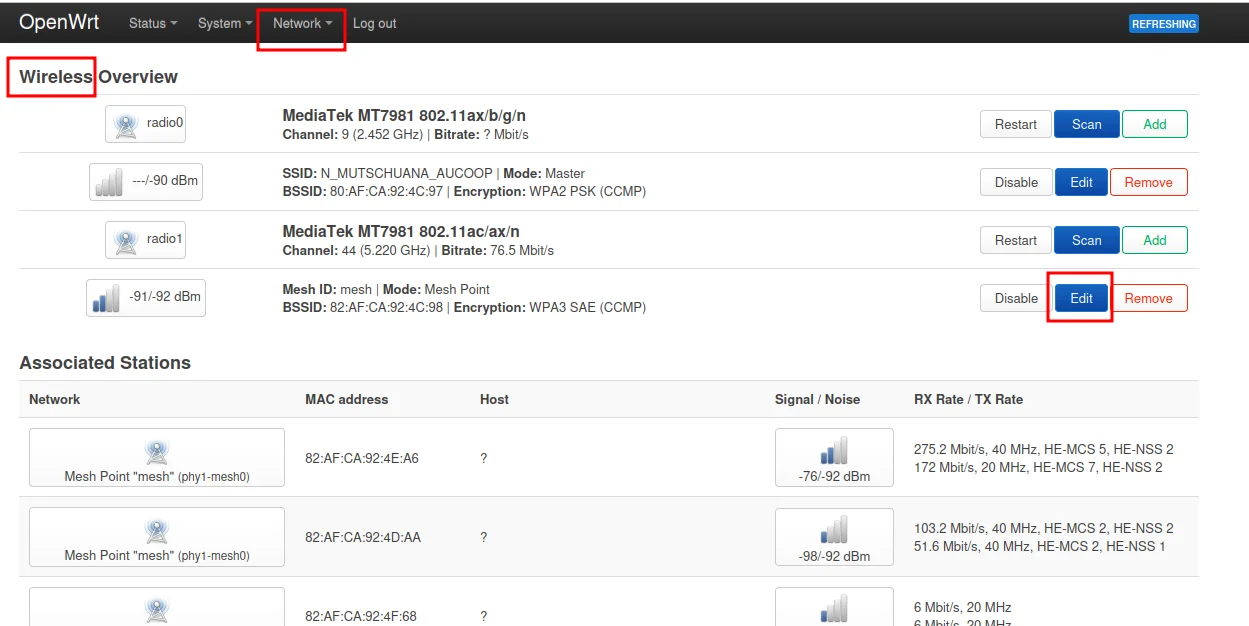 Wireless overview showing available interfaces