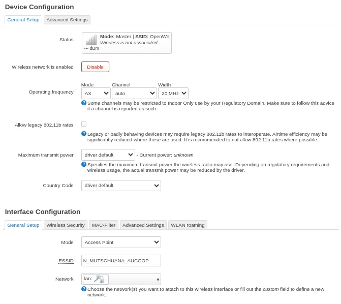 LuCI 2.4 GHz interface configuration for the student access point