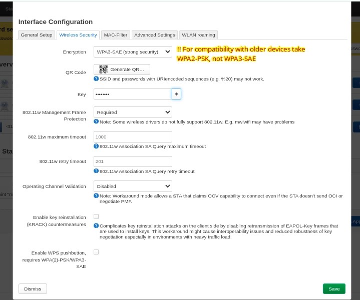 LuCI 2.4 GHz wireless security settings