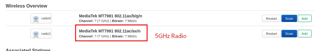 LuCI showing the Add button on the 5 GHz radio