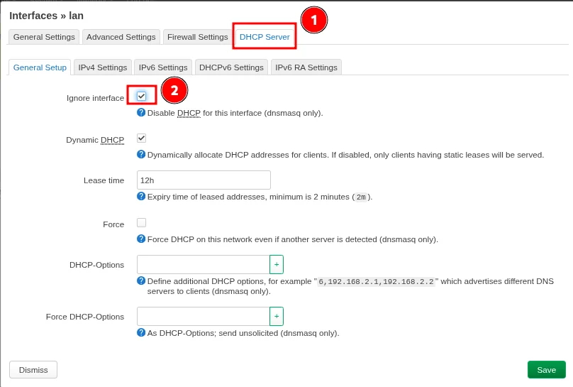 LuCI DHCP Server section with the Ignore interface checkbox enabled