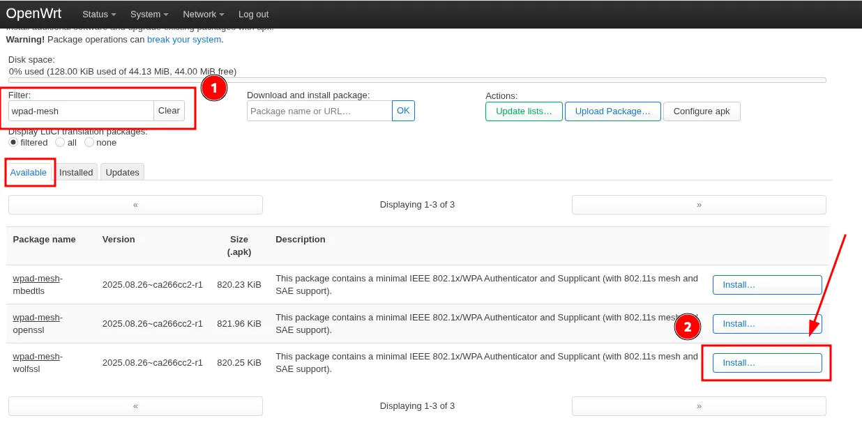 LuCI Software page showing wpad-mesh-wolfssl ready to install