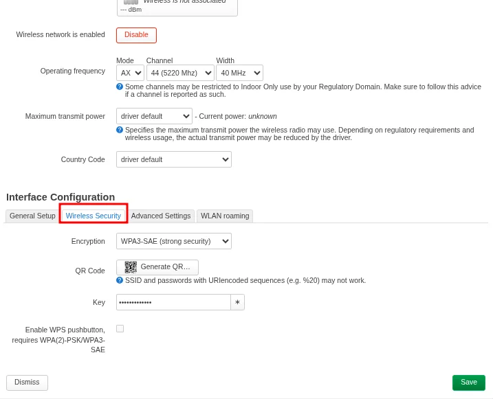 LuCI wireless security configuration for the mesh interface