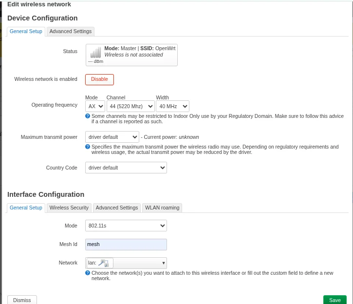 LuCI radio and interface configuration for the 5 GHz mesh backhaul