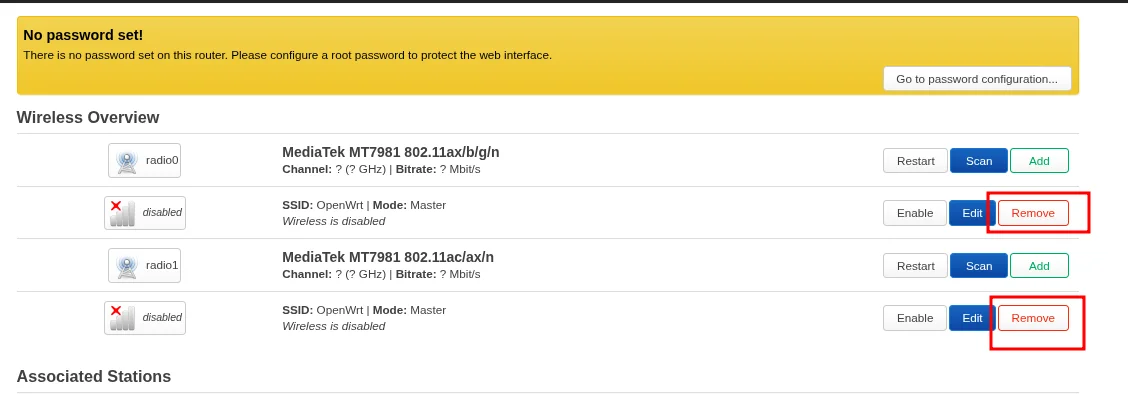 LuCI Wireless page with the default 5 GHz network being removed