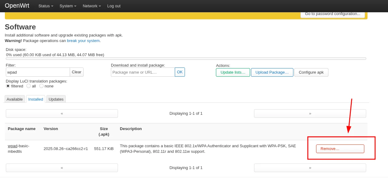 LuCI Software page showing wpad-basic-mbedtls selected for removal