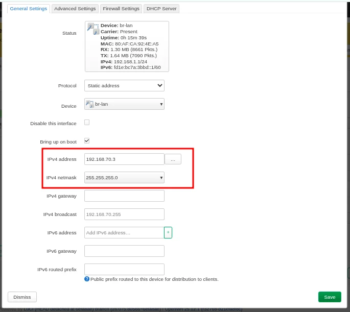 LuCI LAN interface showing the IPv4 address field set to a new IP