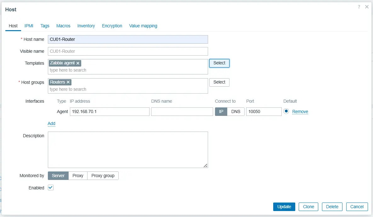 Zabbix Data collection Hosts page