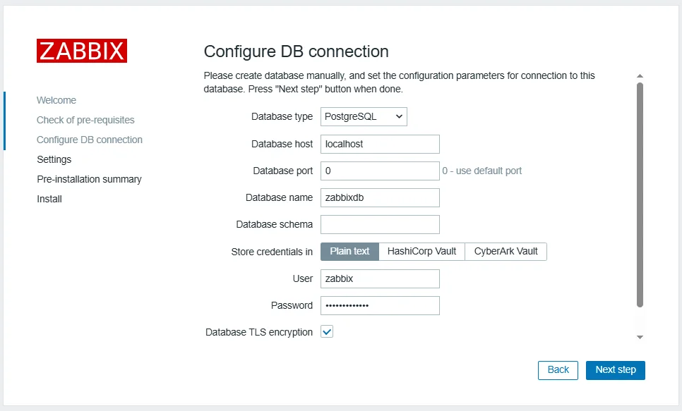 Zabbix database connection configuration page