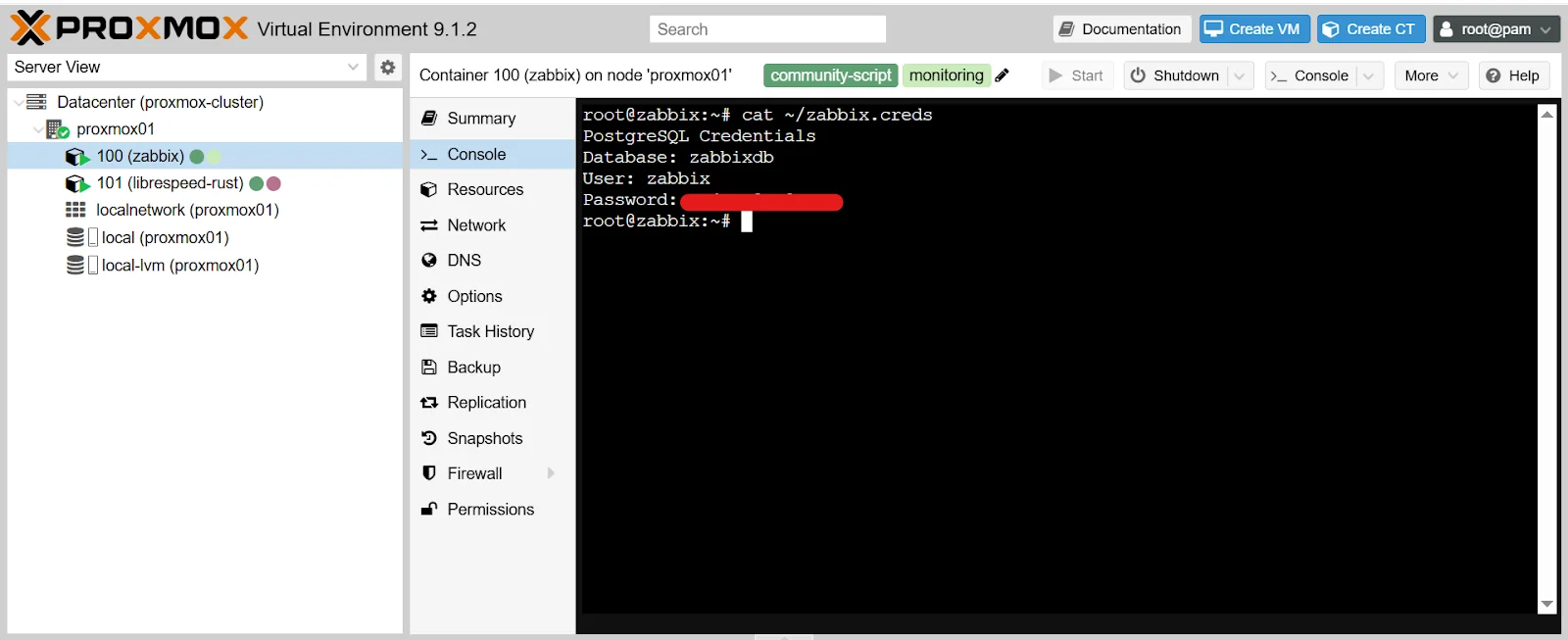 Proxmox console showing Zabbix credentials