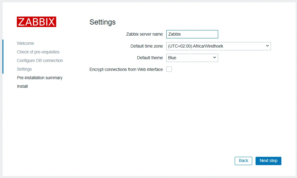 Zabbix settings page with server name and timezone