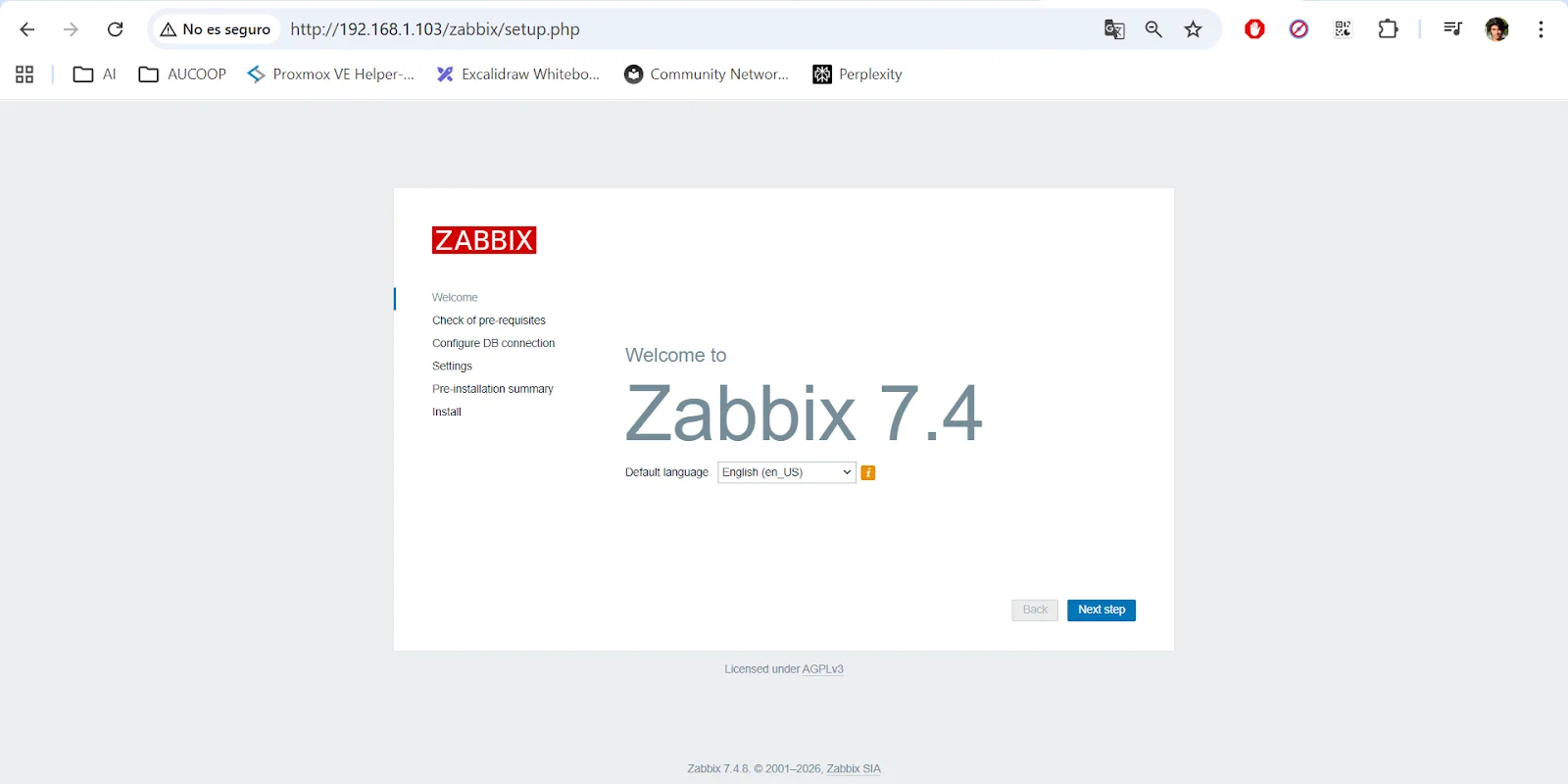 Zabbix 7.4 welcome page
