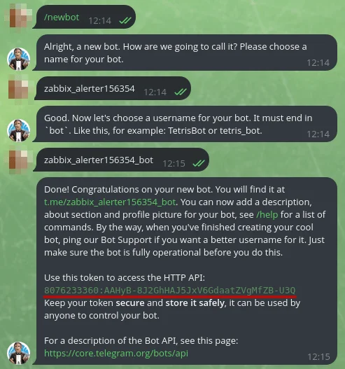 BotFather conversation with API token
