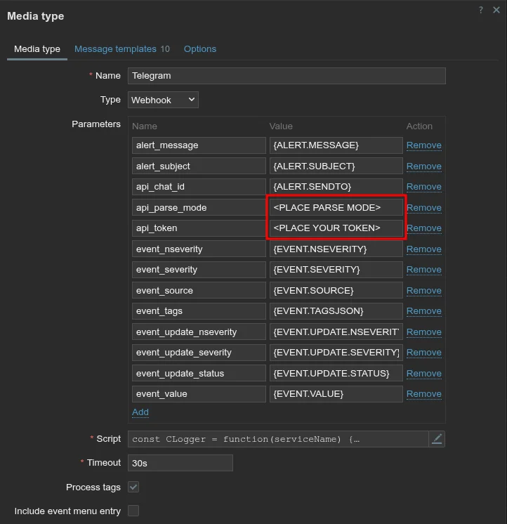 Telegram media type configuration in Zabbix